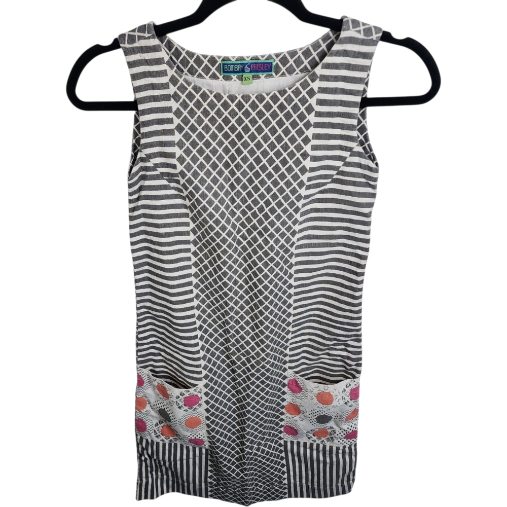 Bombay Grey Striped Patch Front Pockets Linen Mini Dress Size XS - Picture 8 of 14